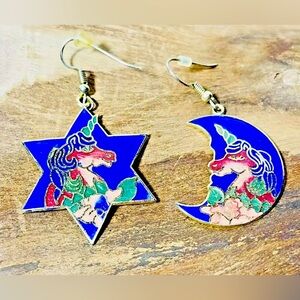 Vintage Cloisonné RARE Unicorn Star Moon Blue Gold Tone Hook Drop Earrings 1.5”